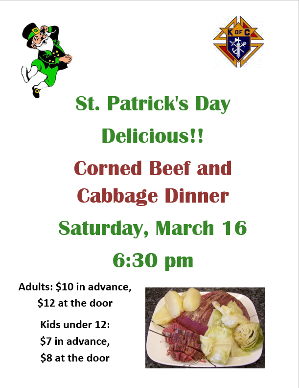 Corned Beef and Cabbage Dinner:  March 16th, 2019